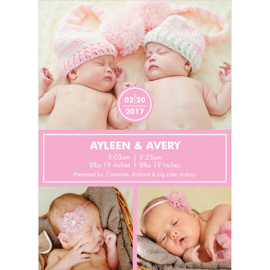 Pink Simple Twins Photo Birth Announcements